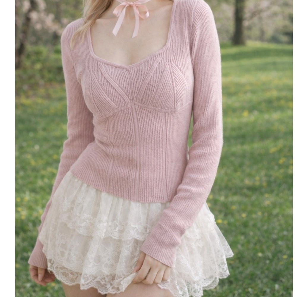 Womens Coquette Balletcore Sweater Size Medium Pink‎ Soft Girl Knit Ribbed - Picture 2 of 6